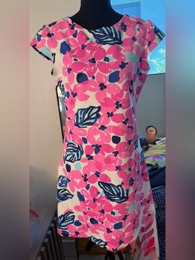 Mahi Gold Ryder Dress Abstract Floral Bright Pink & Blues Size M Slip On